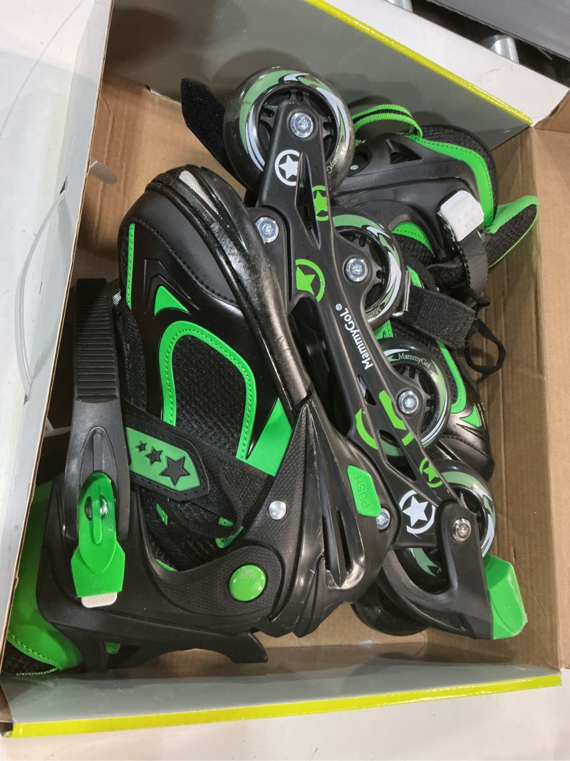 Condition photo showing Good Condition for (size m)mammygol adjustable inline skates for kids boys girls youth blades roller skates with light up wheels ages 4-16 green small - little kid (10-13us)