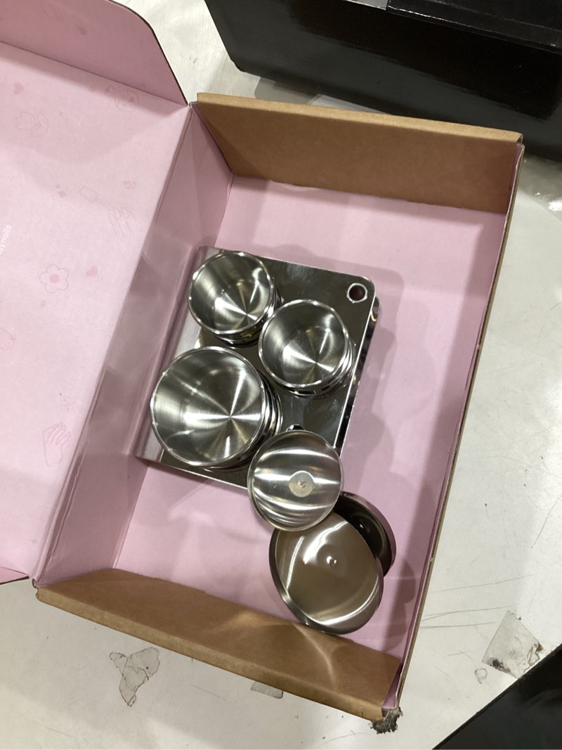 Condition photo showing As Is for 3 Pieces Acrylic Liquid Container Stainless Steel Acrylic Liquid Powder Cup Stainless Steel Nail Powder Holder Container with Lids for Nail Design Tools