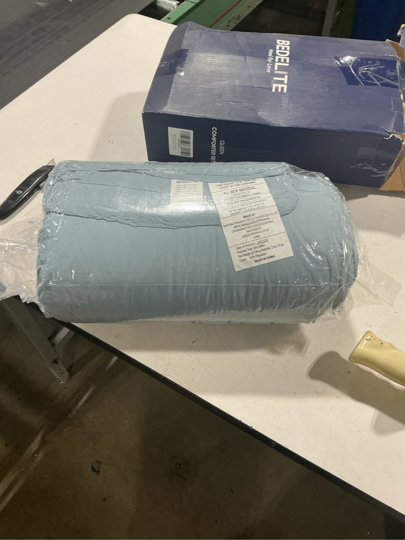 Condition photo showing Good Condition for bedelite dusty blue queen comforter set - 3 pieces boho pintuck bedding comforter sets, lightweight soft & warm bed comforter queen with 2 pillowcases for all season dusty blue queen(88"x88")