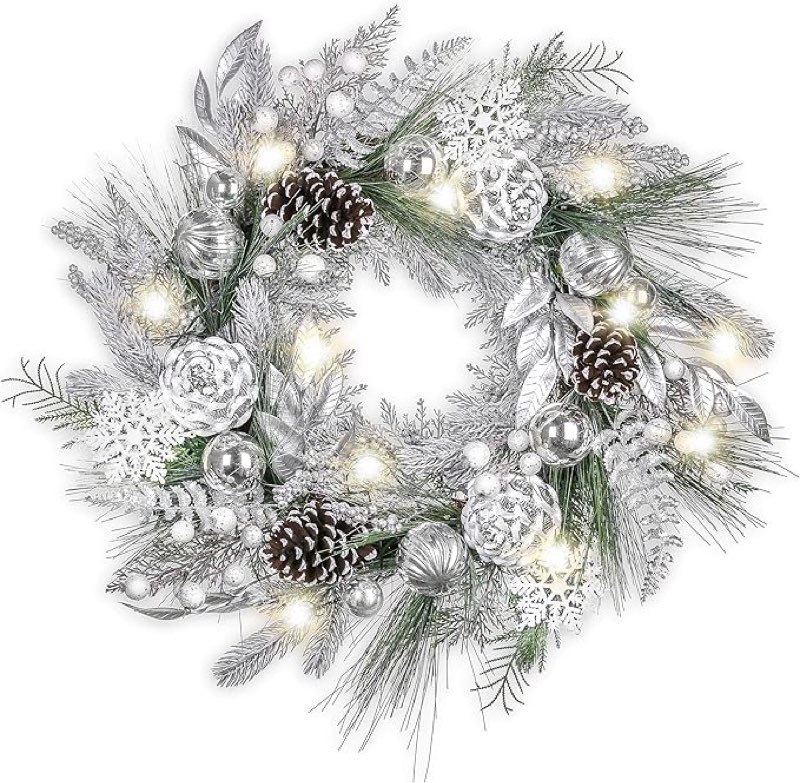 Valery Madelyn 24'' Pre-Lit Christmas Wreath for Front Door with Light, Collapsible Lighted Outdoor Christmas Wreath with Silver White Xmas Ball Pinecones for Home Porch Fireplace Window Holiday Decor