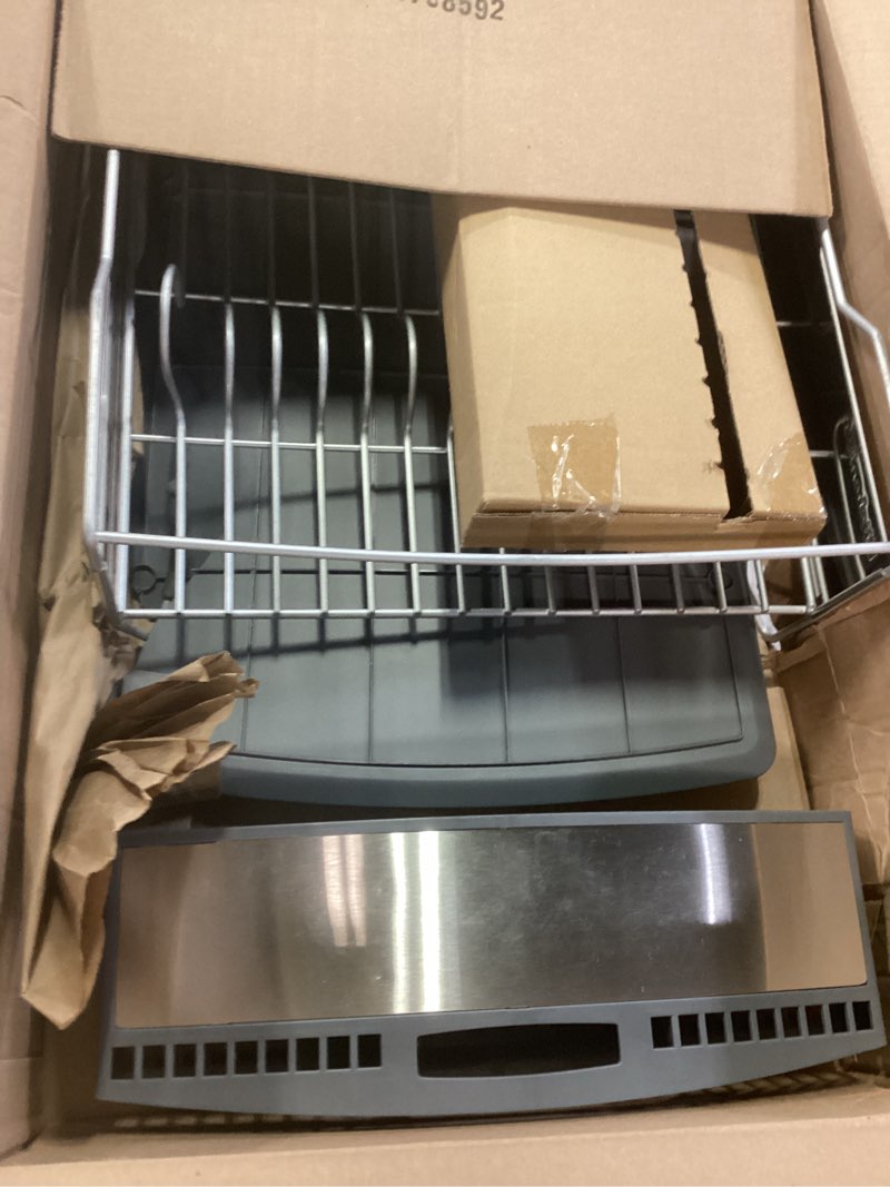 Condition photo showing As Is for kitchenaid large capacity full size rust resistant dish rack with angled drain board and removable flatware caddy, light grey gray full size