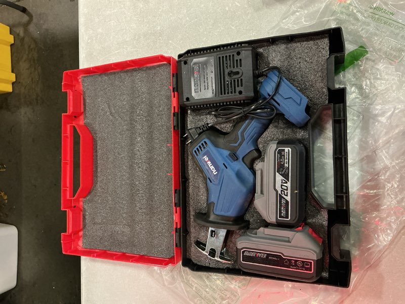 Condition photo showing As Is for nanwei cordless reciprocating saw, 20v brushless motor 3500rpm variable speed, 2×4.0ah batteries, tool-free blade change, led light, 6 blades, portable for wood/metal/pvc cutting (4.0ah batteries) 4.0ah two battery set