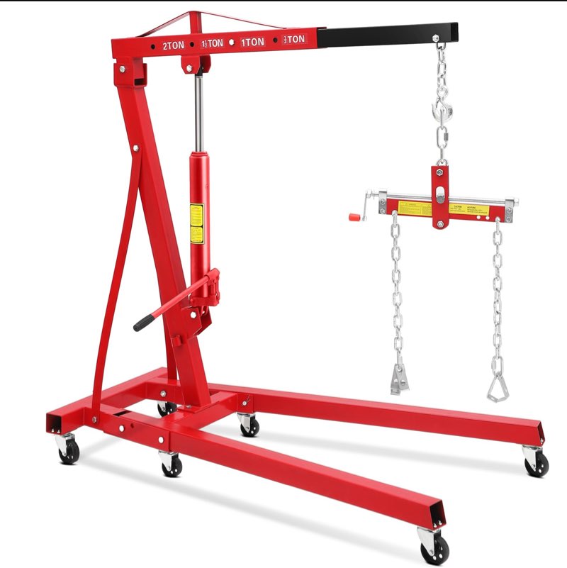 e Mobile Cherry Picker with 6 Casters & Adjustable Telescopic Booms, Heavy Duty Engine Crane for Garage, Warehouse, Auto Repair, Red