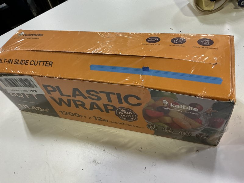 Condition photo showing New/Like New for katbite plastic wrap with removable slide cutter, 12inch x 1200 square foot, food service clear film roll, thick enough stronger durable stretch for daily & comercial use