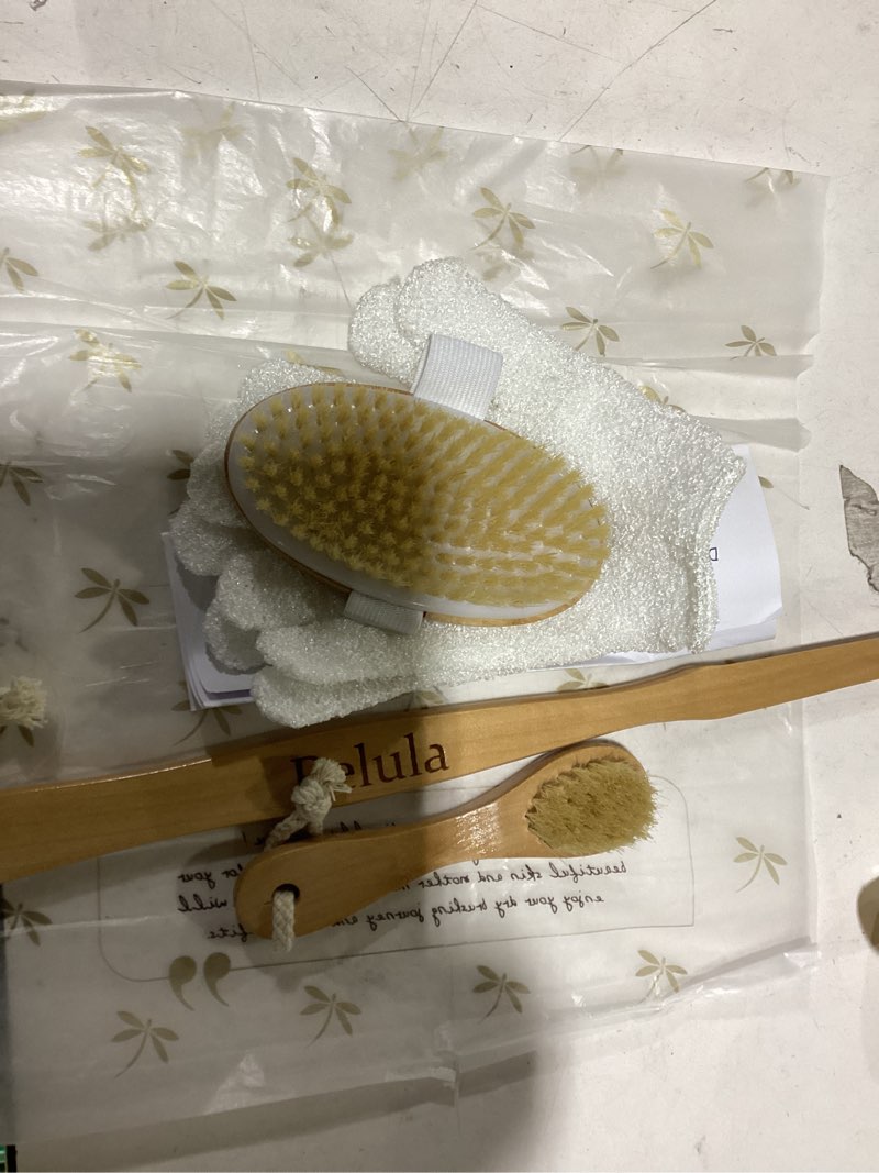 Condition photo showing New/Like New for Belula Dry Brushing Body Brush Set - Natural Boar Bristle Body Brush, Exfoliating Face Brush & Bath Gloves - Ideal Dry Skin Brush for Lymphatic Drainage & Healthy Glowing Skin!