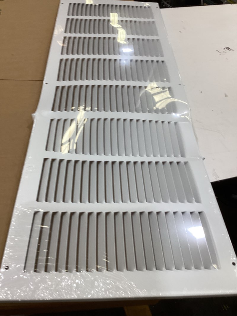 Condition photo showing As Is for 24 x 8 white steel return air grille hvac vent cover grill for wall, sidewall and ceiling, air return vent covers, outside dimensions: 25.75"w x 9.75"h