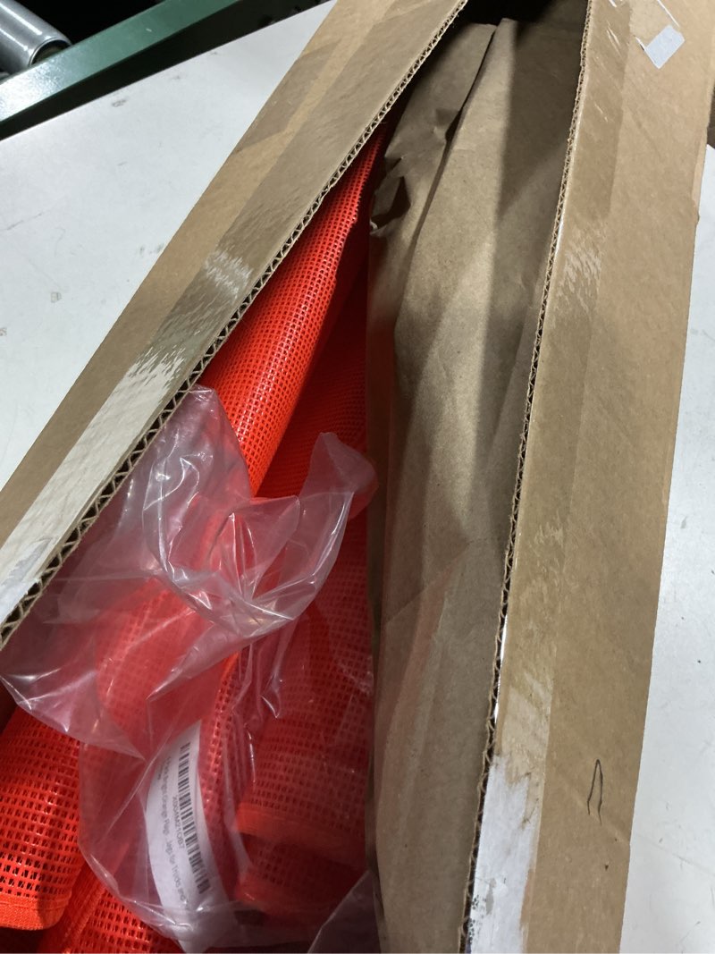 Condition photo showing As Is for bright orange safety flags on sticks, 4 pack 18 x 18 vinyl coated mesh with 24\" wood dowel, wide loa