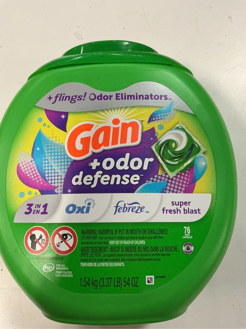 Condition photo showing New/Like New for gain flings laundry detergent pacs with odor defense, 76 count, super fresh blast scent, he 3in1 detergent pacs with febreze and oxi super fresh blast 76 count (pack of 1)