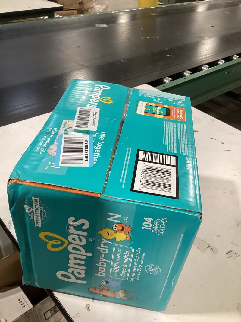 Condition photo showing New/Like New for Pampers Diapers - Baby Dry - Size 0, 104 Count, Absorbent Disposable Newbort Diaper (Packaging May Vary) Newborn 104