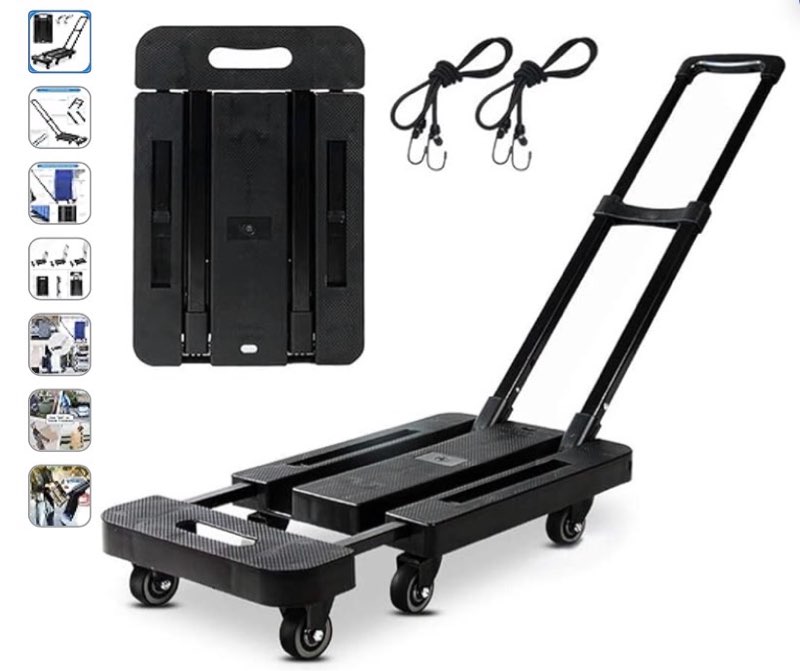 LELYFIT Foldable Light Truck and Trolley with Telescopic Handle and Rubber Swivel Wheels, Folds for Easy Storage, Suitable for Luggage, Travelling, Shopping, Car, Moving and Office Uses (6 wheels