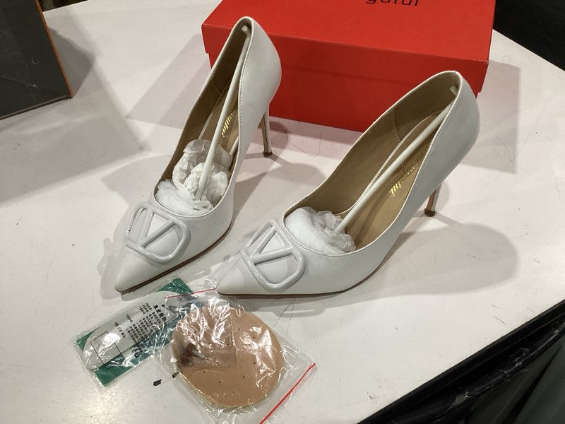 Condition photo showing Good Condition for women's pointed toe shallow mouth sexy square buckle rhinestones 10cm stiletto heels slip-on wedding party banquet big size shoes 6.5 white v-buckle