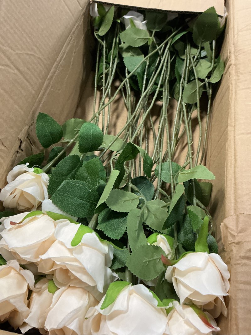 Condition photo showing As Is for 36 pcs champagne artificial roses with long stems, fake silk rose artificial flowers bulk for bridal wedding bouquet centerpiece ball arrangement party decor