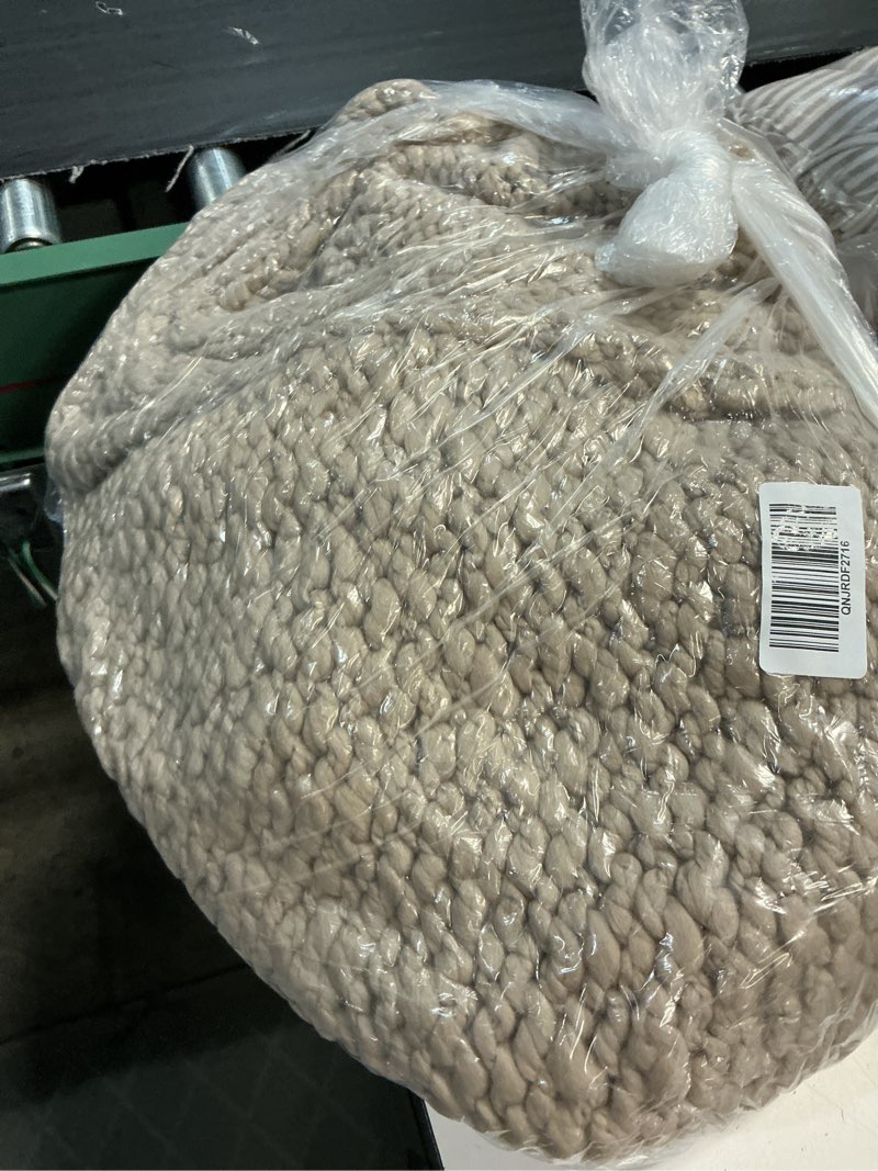 Condition photo showing As Is for chunky hand knit wool throw, 50x60, neutral