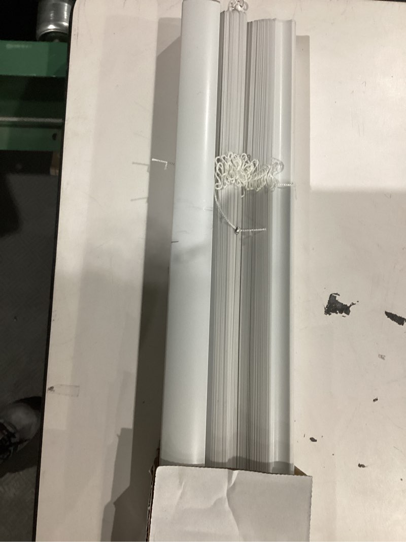 Condition photo showing As Is for project source light filtering 1-in slat width 23-in x 64-in cordless white vinyl light filtering mini