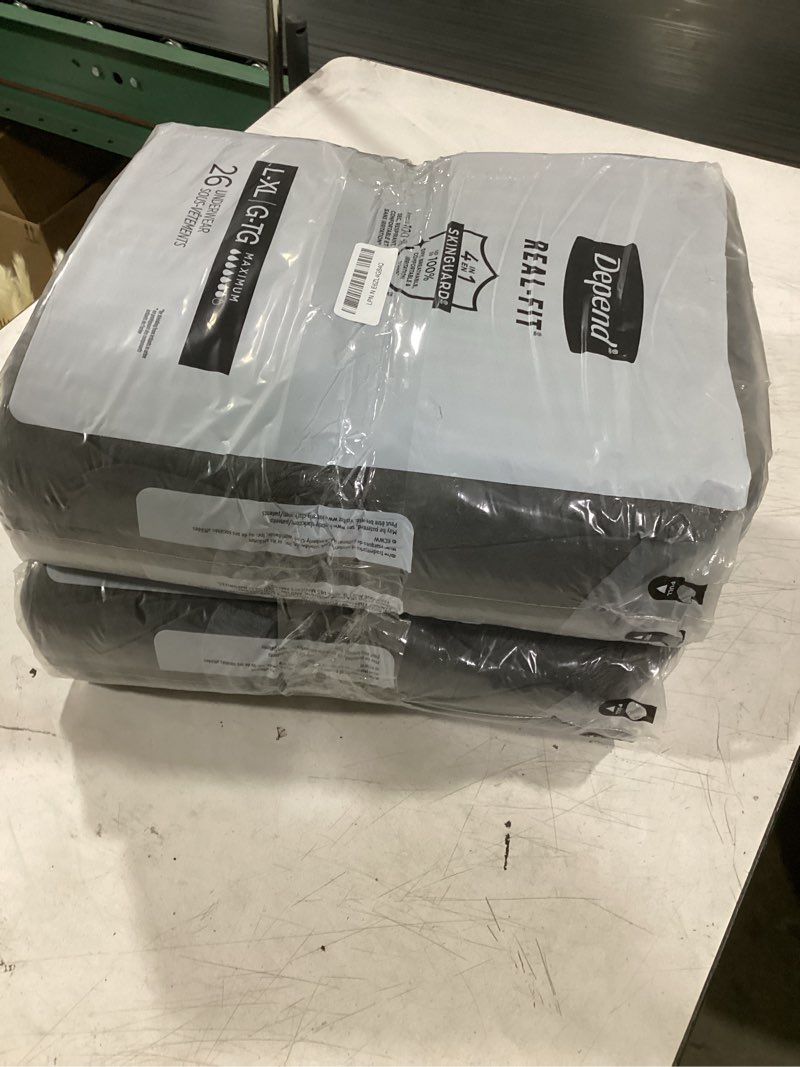 Condition photo showing Good Condition for depend real fit adult diapers, incontinence underwear for men, disposable, maximum absorbency, large/extra large, 52 count (2 packs of 26), packaging may vary