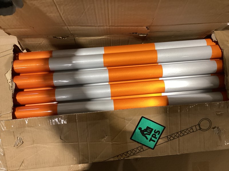 Condition photo showing As Is for plasticade retractable telescoping traffic cone bar, expands from 5.5' to 10', superior length, lightweight for easy storage and transportation, white & reflective orange, 20 pack 10' orange and white