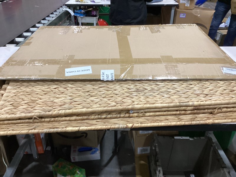 Condition photo showing As Is for 36 x 20 x 18.5 Inch Rolling Wicker Storage Basket with Lid and Locking Wheels, Water Hyacinth Storage Trunk, Heavy Duty Metal Frame Woven Blanket for Seasonal Clothes Laundry Room, Bedroom