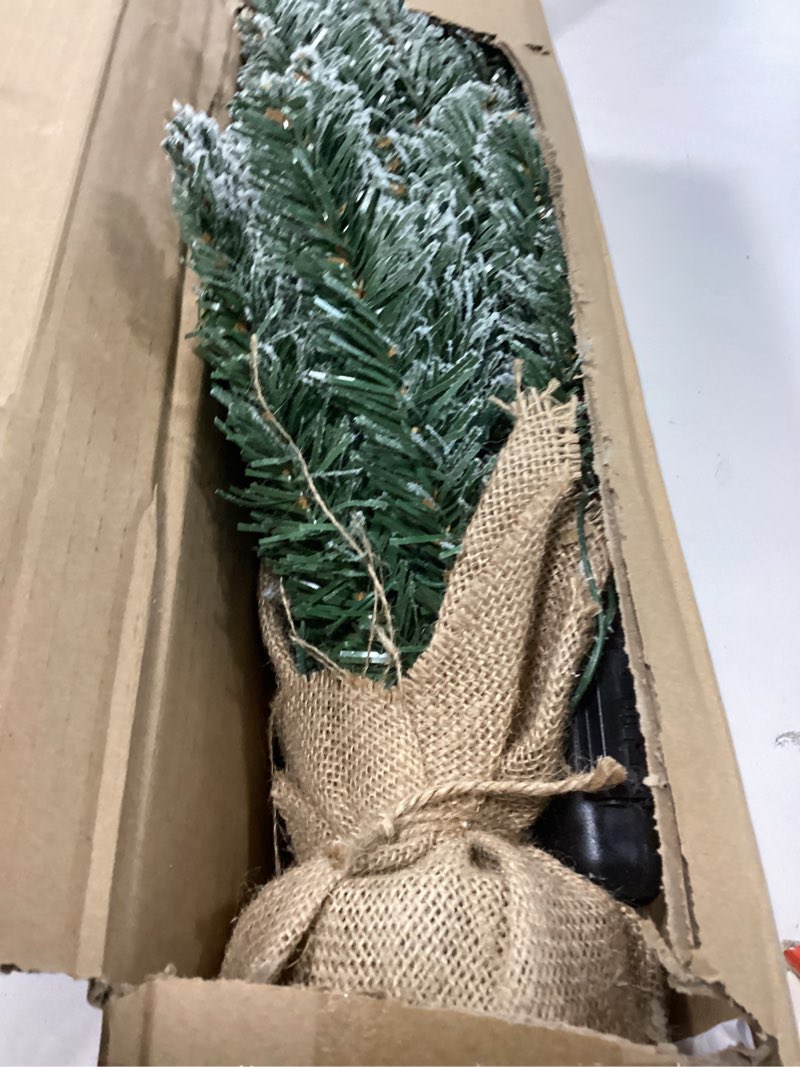 Condition photo showing Good Condition for 2 ft Mini Christmas Trees with 25 F5 LED Lights, 24" Decorated Burlap Artificial Tabletop Christmas Trees Home Party Decoration for Kitchen Dining Room Window Green White