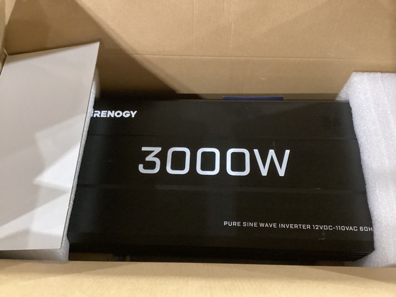 Condition photo showing As Is for not tested*****renogy inverter p2 3000w pure sine wave inverter 12v dc to 120v ac converter for home, rv, truck, camping, trailer, with wired remote controller, support li, agm, sld, gel, fld batteries 3000w(no bt & ats)