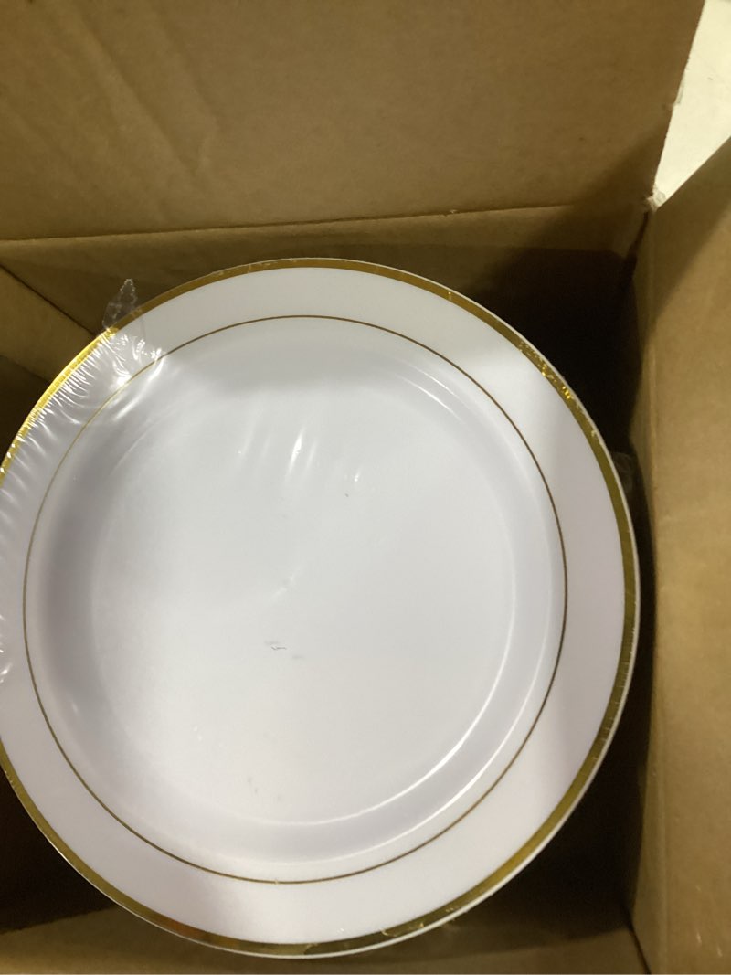 Condition photo showing Good Condition for bucla 100pieces gold plastic plates - 6.25inch white with gold rim disposable salad/dessert/appetizer/small cake plates premium hard - ideal for wedding, party 6.25inch-100pcs-gold