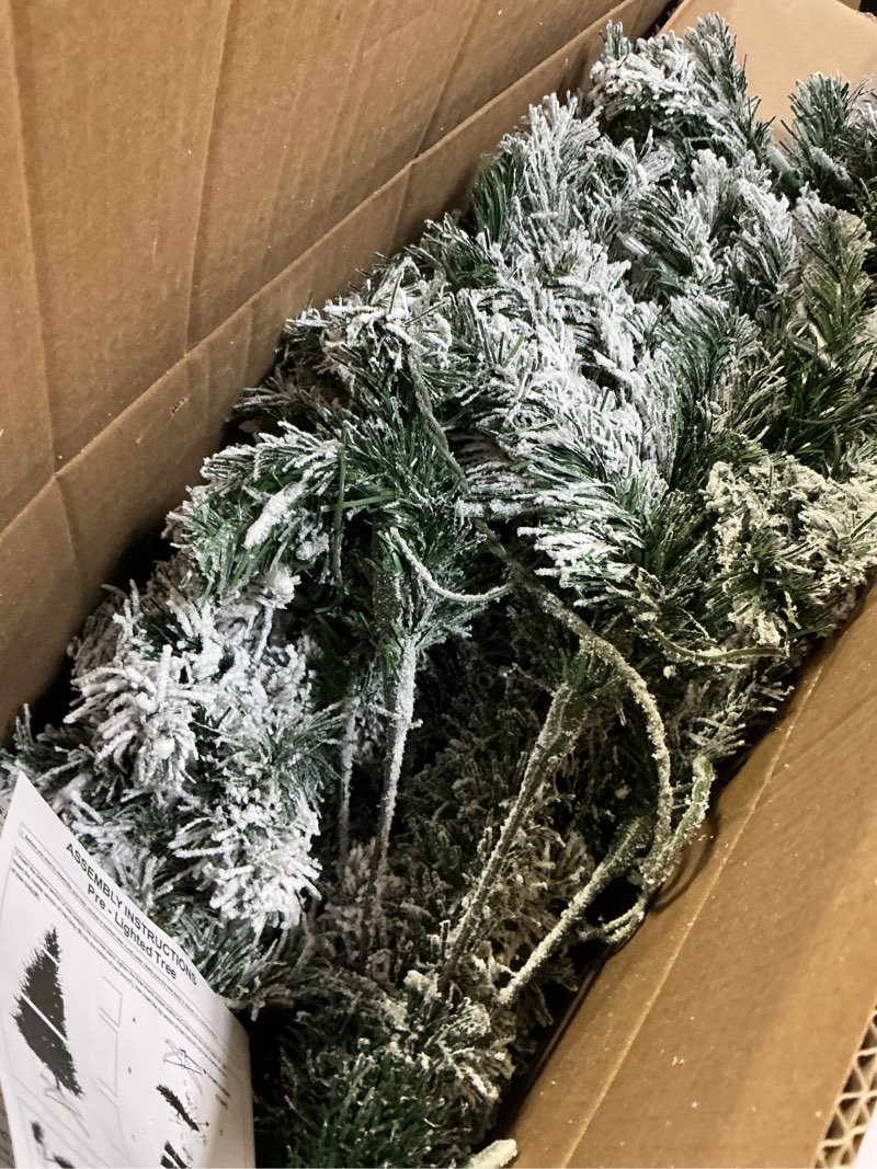 Condition photo showing As Is for Flocked Pencil Christmas Tree with Lights 6.5Ft, Artificial Prelit Christmas Tree with 250 Clear Lights, Clearance Pencil Xmas Snowy Trees Flocked Green 6ft 6in