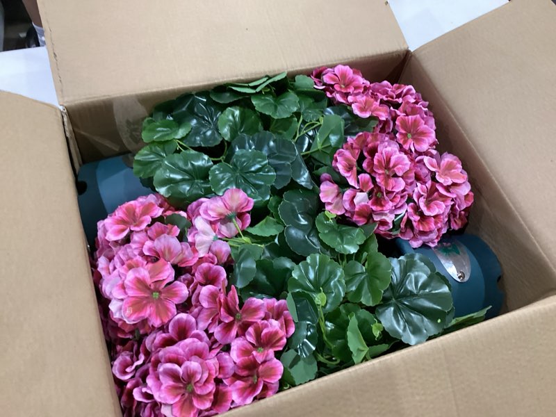 Condition photo showing New/Like New for qianyun artificial geranium bush – 20 inch outdoor potted artificial plant for front porch, uv resistant faux flower bush for garden, yard & patio decor (2 pack) dark pink