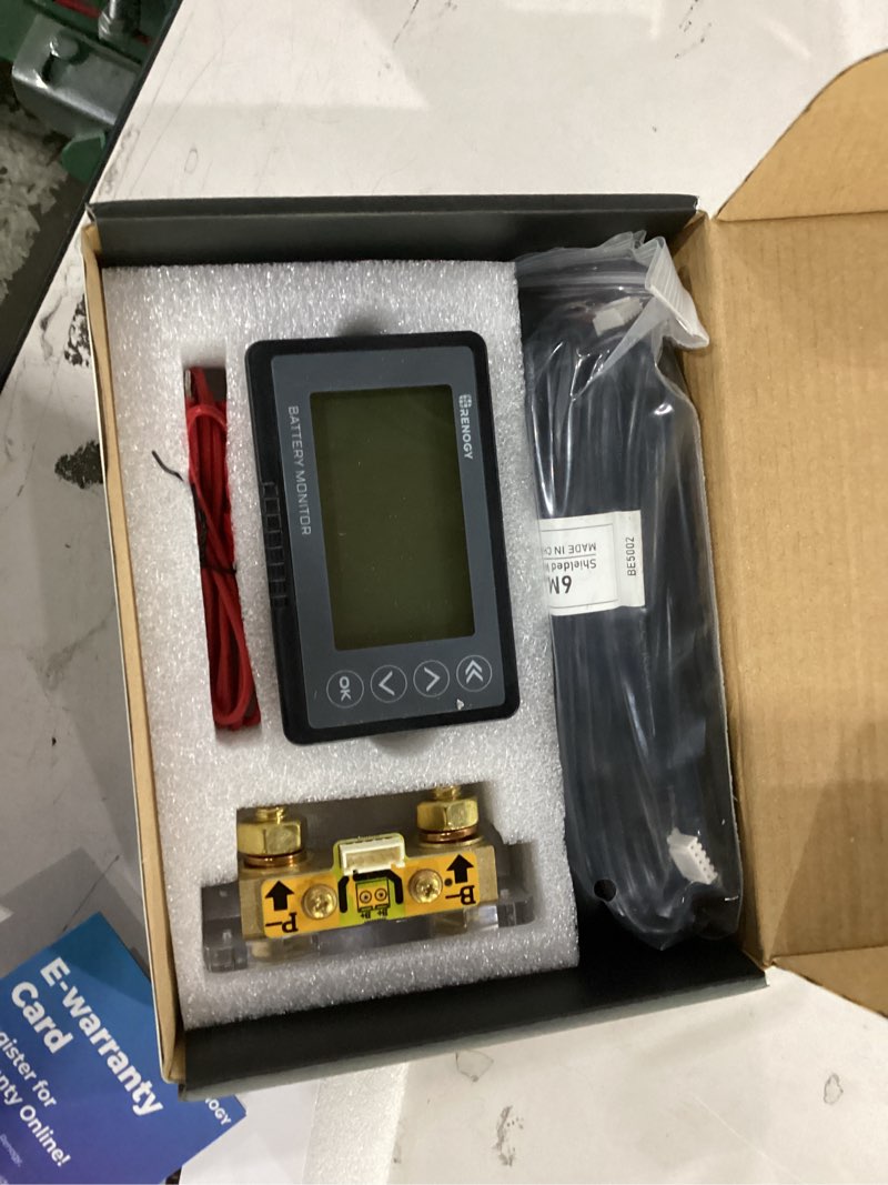 Condition photo showing New/Like New for renogy 500a battery monitor with shunt, high and low voltage programmable alarm, range 10v-120v up to 500a, 20ft shielded cable, compatible 12v lithium sealed, gel, flooded batteries,black
