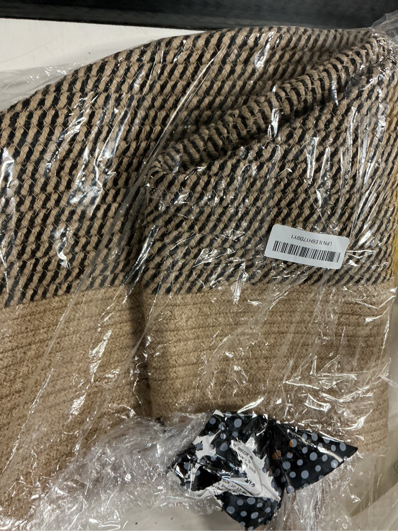 Condition photo showing Good Condition for mkono woven storage basket decorative rope basket wooden bead decoration for blankets,toys,clothes,shoes,plant organizer bin with handles living room home decor, yellow and black, 16" w × 13.8" yellow and black 16" w × 13.8"l