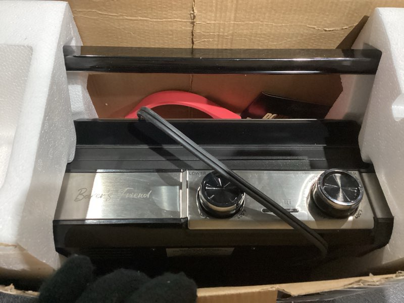 Condition photo showing Good Condition for Baker's Friend 4-slice Panini Press Grill Cheese Sandwich Maker, Electric Grill Indoor with Temperature Setting, Opens 180 Degrees, Dual Non-stick Surfaces, 4-circle Silicone Mold, Reversible Plates