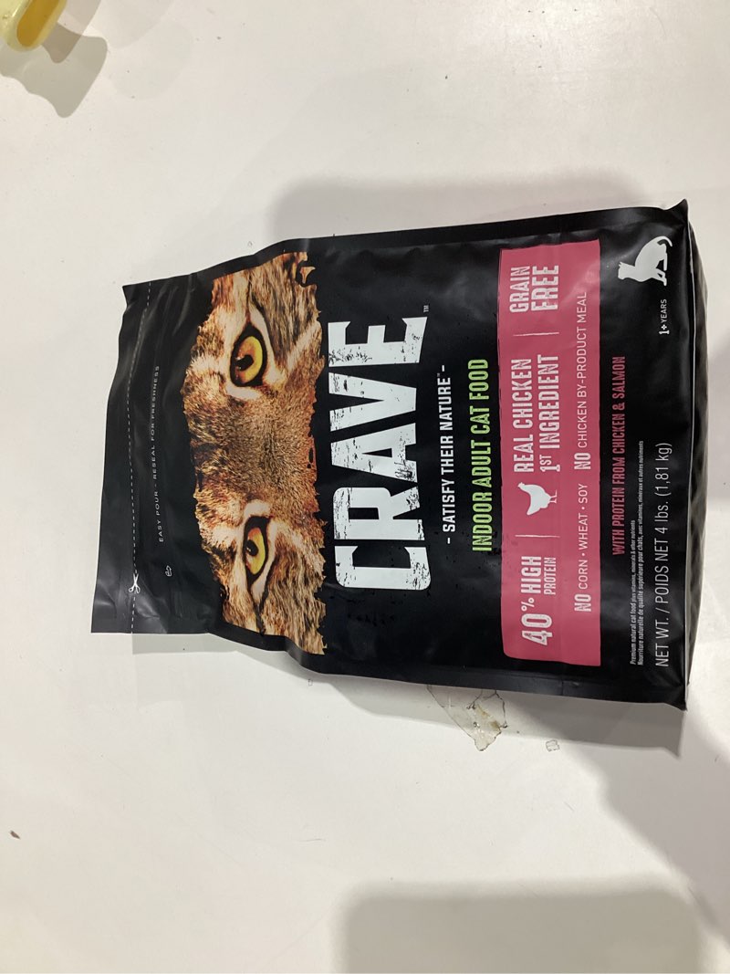 Condition photo showing New/Like New for CRAVE Grain Free Indoor Adult High Protein Natural Dry Cat Food with Protein from Chicken & Salmon, 4 lb. Bag