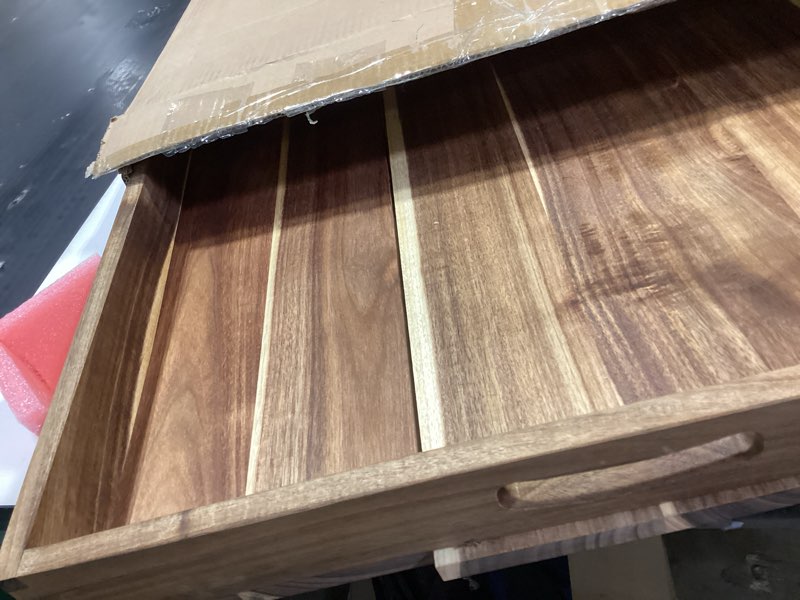 Condition photo showing As Is for maoname extra large square ottoman tray, 22" acacia wood serving tray for with handles, farmhouse wooden decorative trays, coffee table trays for living room, countertop, charcuterie 22" x 22" x 2.6" brown