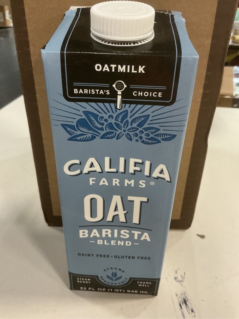 Condition photo showing New/Like New for (Case of 6). (BBD 12/23/25). Califia Farms - Oat Barista Blend Oat Milk, 32 Oz, Dairy Free, Vegan, Plant Based, Gluten Free, Non GMO, Milk Frother, Coffee Creamer 32 Fl Oz (Pack of 1)