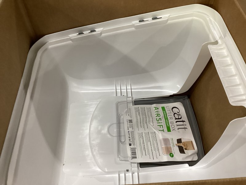 Condition photo showing As Is for incomplete lid only catit airsift jumbo hooded litter pan, warm gray/white - privacy and easy access for cleaning - ideal for larger or multiple cat households