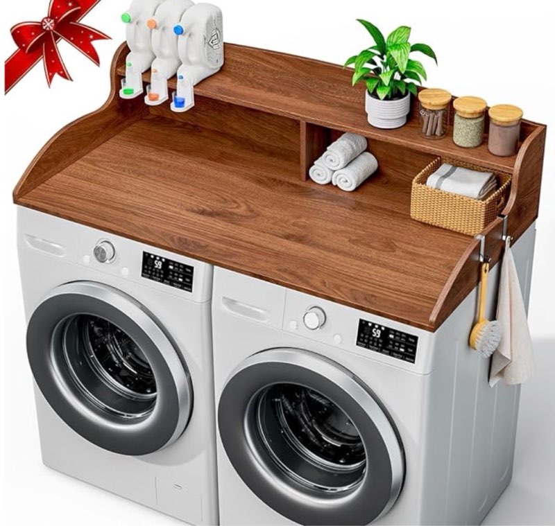 2-tier washer dryer countertop, laundry countertop with edge rails, universal fit 54" w x 27.5" d wood laundry shelf topper for folding clothes,non-slip pads, laundry room organization (white) white 2 tier - 54"w x 27.5"d