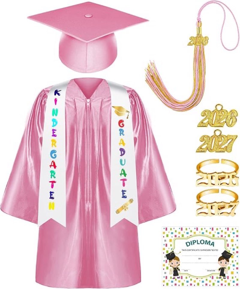 sasylvia 9 pcs kindergarten preschool graduation gown cap set with 2026 2027 tassel kids graduation stole rings certificate(size 36,pink)