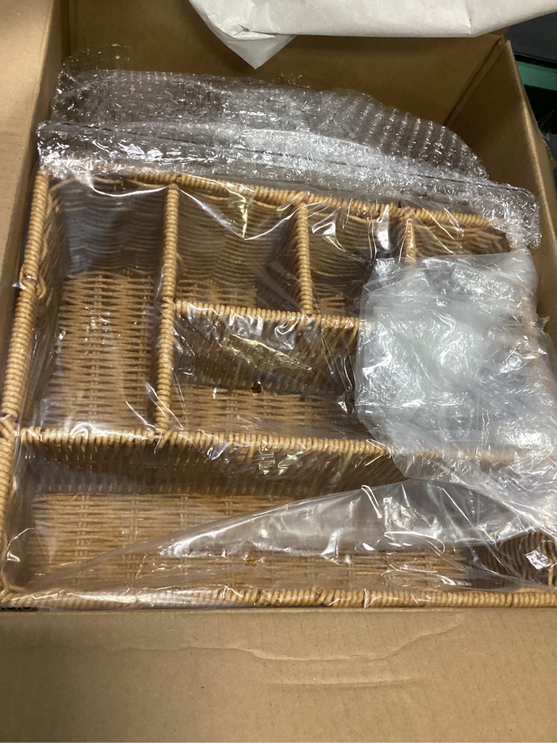 Condition photo showing Good Condition for sliner large wicker silverware organizer with acrylic cover 6 compartment utensil holder for kitchen counter outdoor patio plates and napkins holder wicker paper plate dispenser with lid