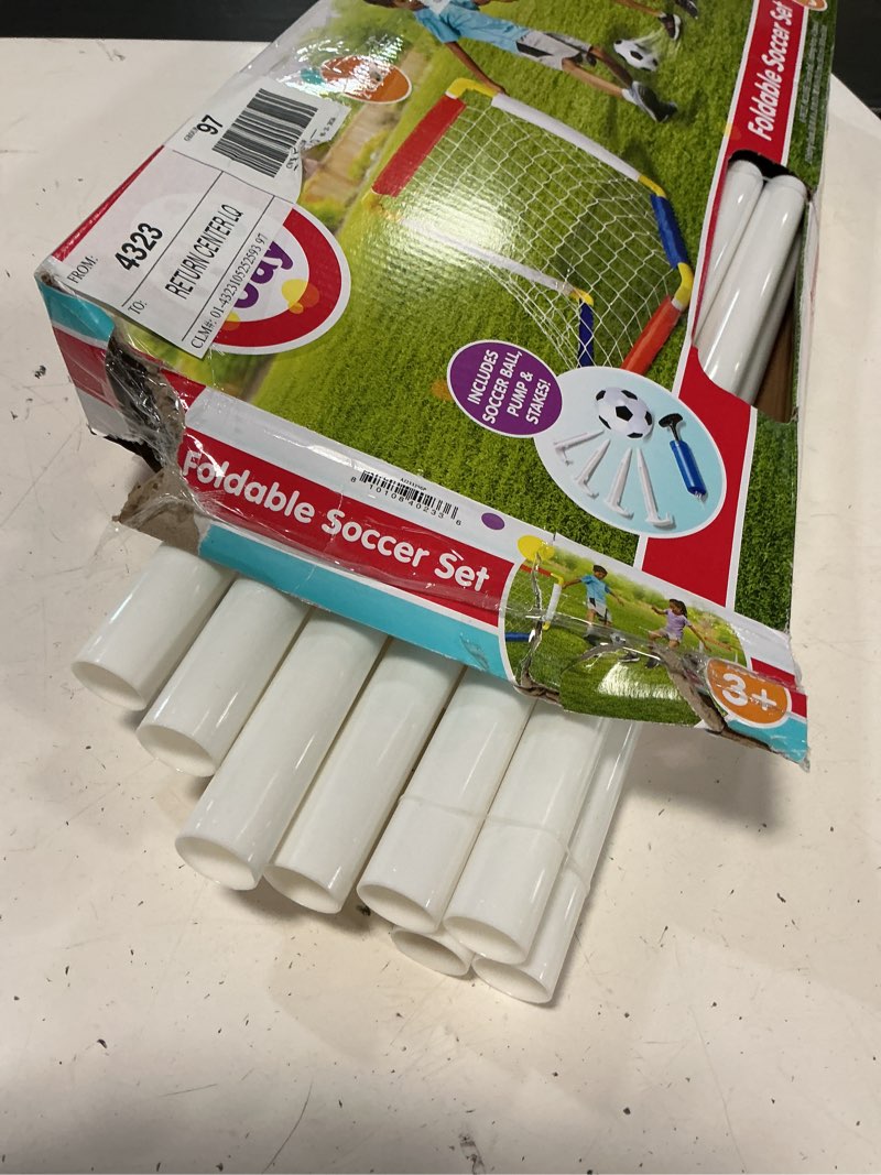 Condition photo showing As Is for play day foldable soccer set (2 folding goals, ball, inflating pump, & 4 stakes) children ages 3+