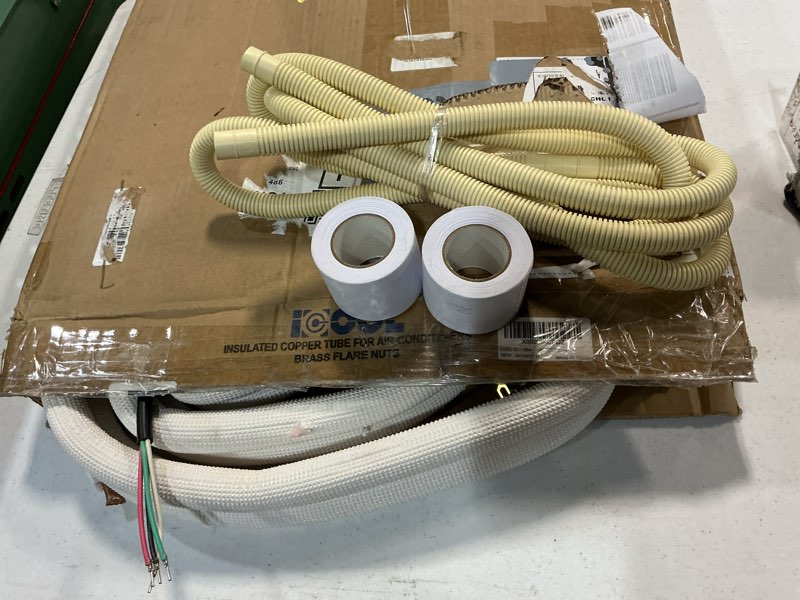Condition photo showing As Is for icool 16 ft. mini split line set, 1/4" & 3/8" o.d. twin copper pipes, 3/8" thickened pe insulated coil copper line for air conditioner hvac refrigeration and heating equipment, with fittings
