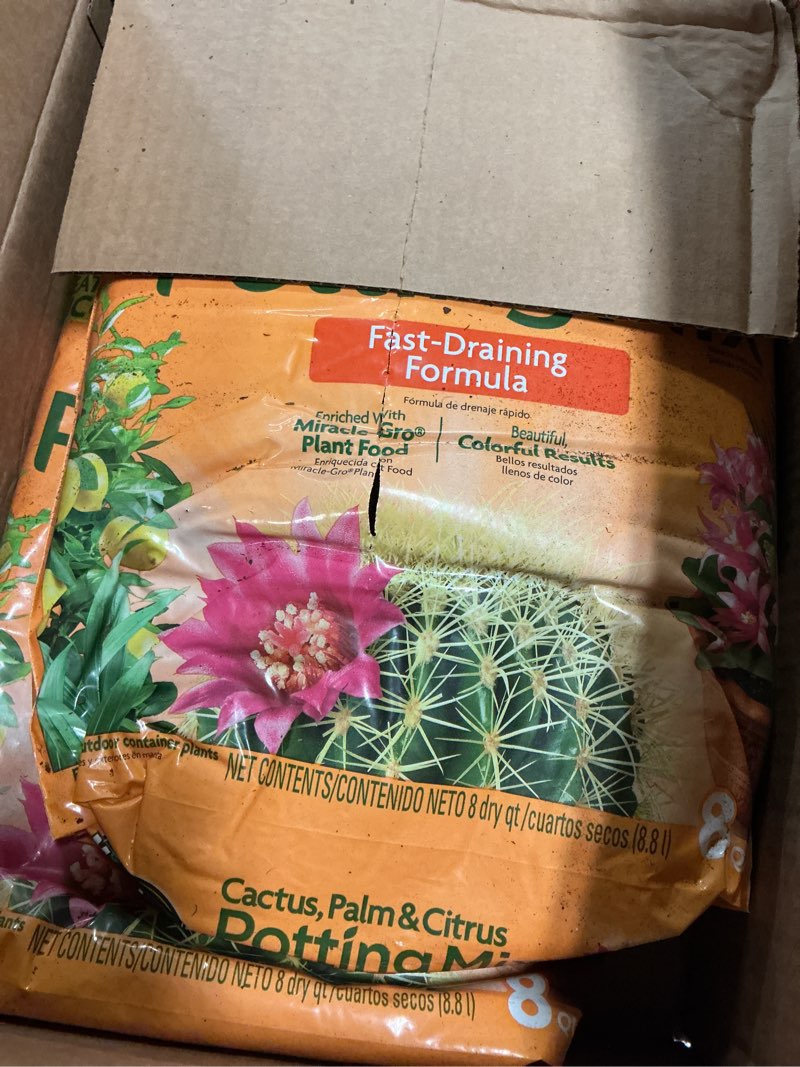 Condition photo showing As Is for miracle-gro cactus, palm and citrus potting mix, for indoor or outdoor potted plants, great for succulents, 8 qt., 2-pack 8 qt. (pack of 2)