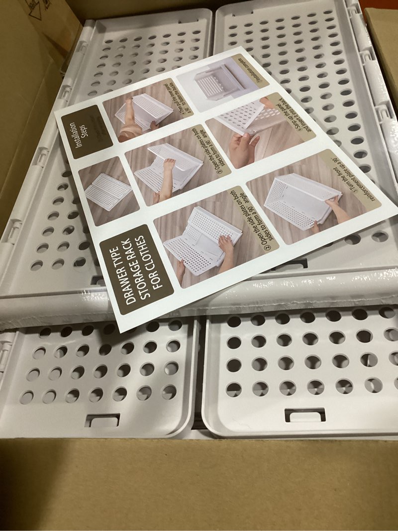 Condition photo showing Good Condition for snslxh 5 pack stackable closet storage basket, multifunctional & foldable closet organizer for bathroom kitchen laundry room wardrobe storage, space-saving clothes storage drawer organizer, white white 5 pack