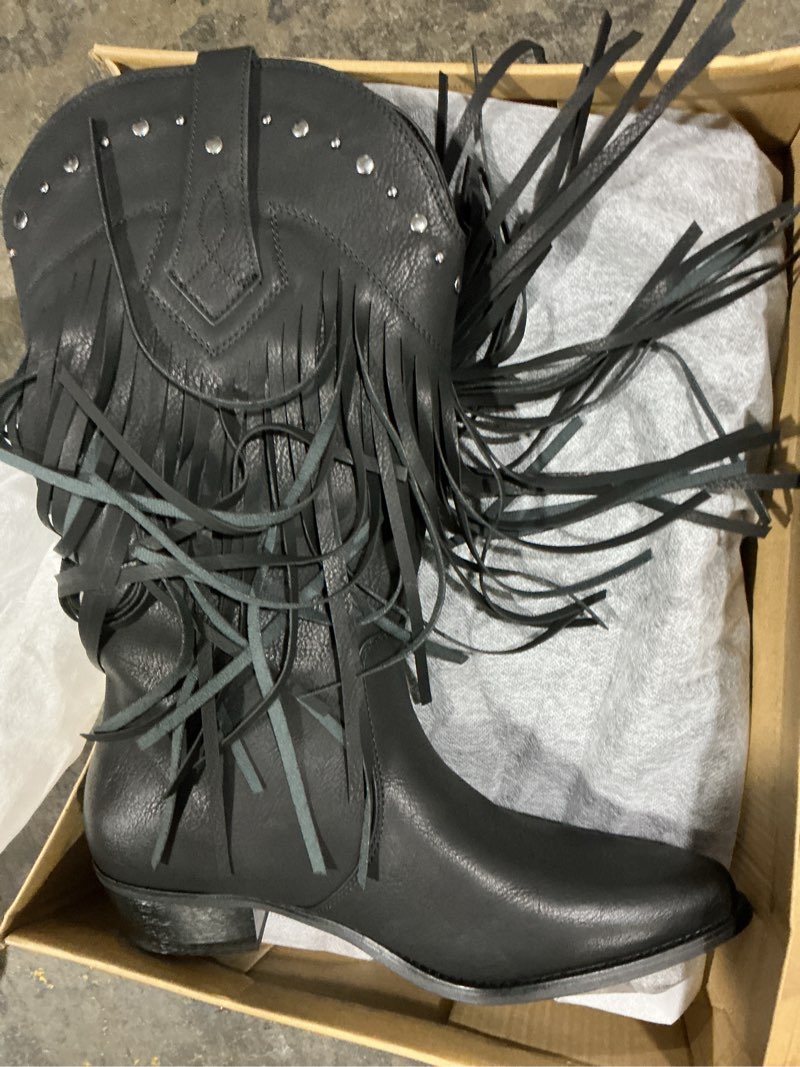Condition photo showing Good Condition for SheSole Women's Fringe Western Boots Wide Calf Riding Cowgirl Cowboy boots Black 9 Black