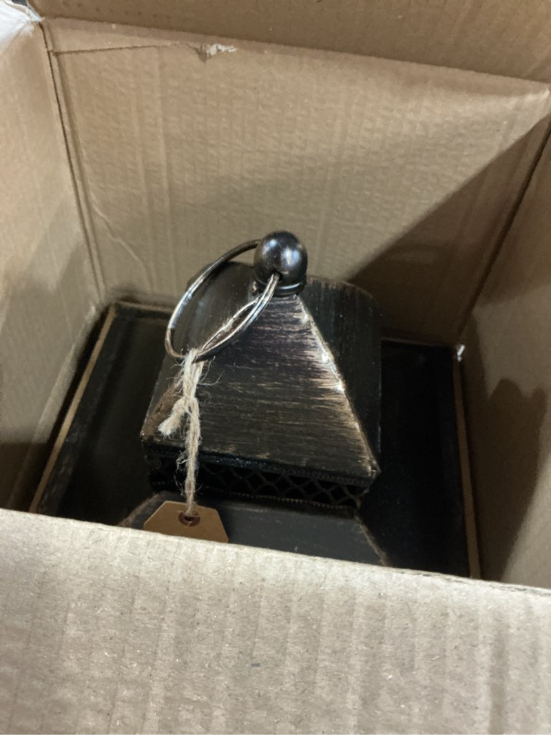 Condition photo showing As Is for Large Farmhouse Decorative Wooden Lantern Set of 2, Rustic Brown Floor Lanterns, Indoor/Outdoor Hurricane Lanterns for Home Decor (No Glass) Brown With Black Top