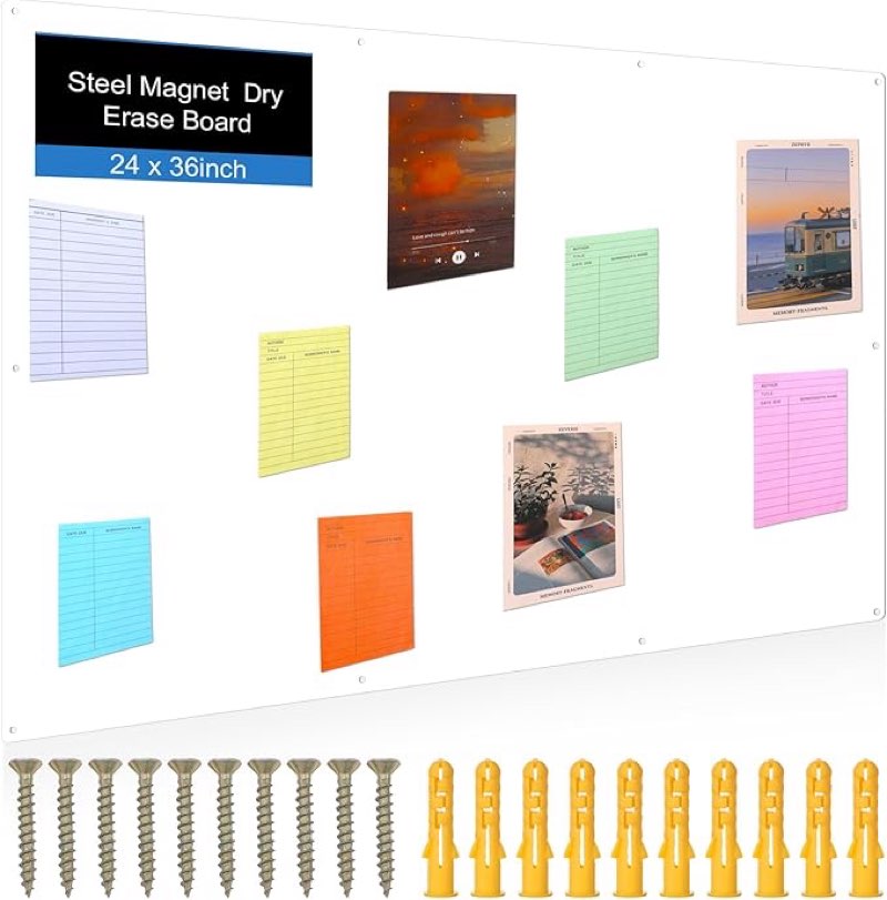 Ireer Magnetic Board Steel Magnet Bulletin Boards for Walls to Display Magnetic Notes Photos for Home Office Classroom, Pre Drilled with Screws and Dry Wet Erase Feature (White,24 x 36 Inch)