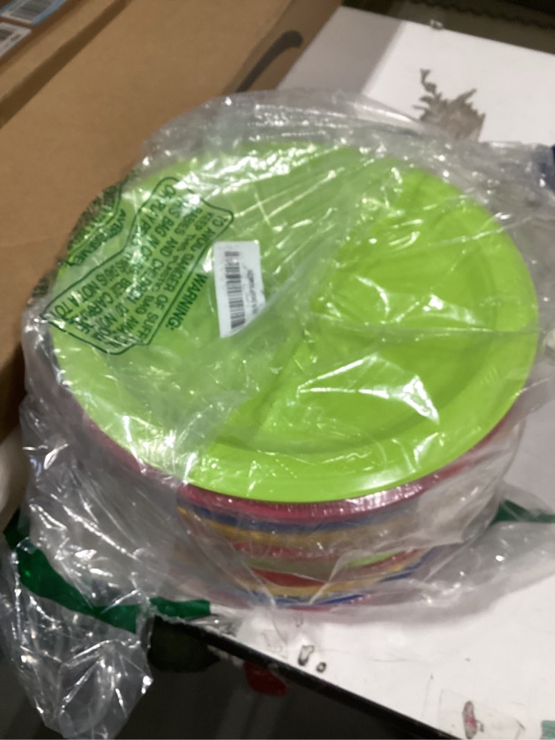 Condition photo showing As Is for Gerrii 200 Packs Colorful Disposable Plates Round Plastic Plates Bulks 10'' Colorful Party Plate Dessert Solid Color Disposable Plastic Dinner Plates for Party Event Weddings Birthdays, 5 Colors