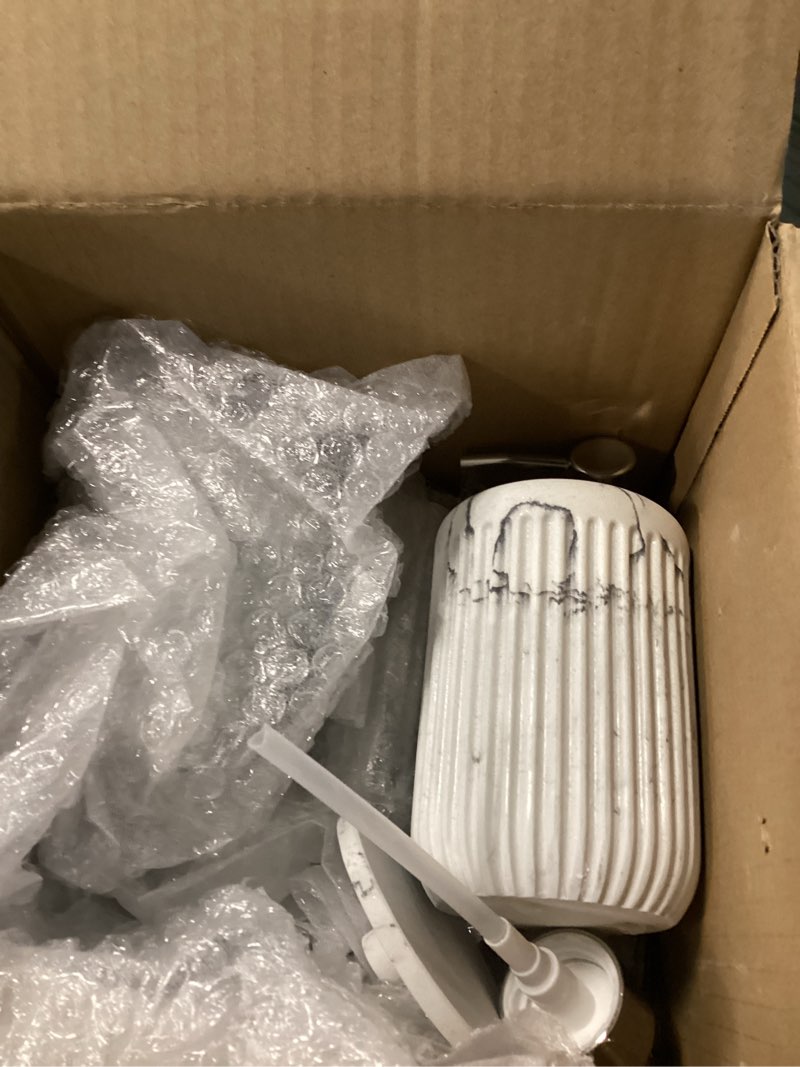 Condition photo showing Good Condition for resin white marble bathroom accessories set 5 pcs, lotion soap dispenser, toothbrush holder, bathroom tumbler, qtip holder and vanity tray, bathroom countertop organizer set for home apartment marble white resin bath set