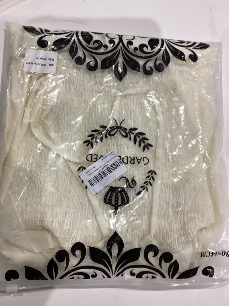 Condition photo showing New/Like New for women's square neck midi dress, smocked bodice puff sleeves tiered ruffle sundress with floral textured small white
