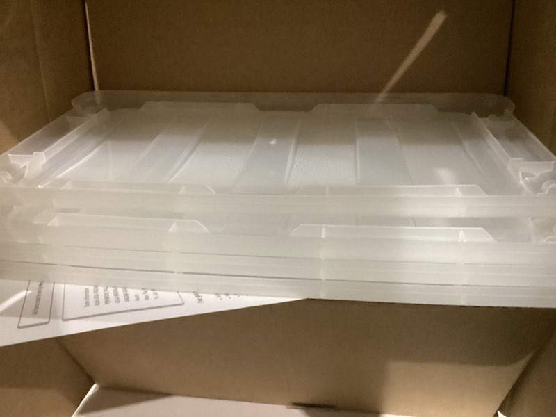 Condition photo showing As Is for (Lids only)  IRIS USA 6 Qt Stackable Plastic Storage Bins with Lids, 10 Pack - BPA-Free, Made in USA - See-Through Organizing Solution, Latches, Durable Nestable Containers, Secure Pull Handle - Clear Clear 6 Qt 10 Pack