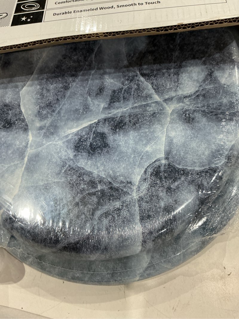 Condition photo showing Good Condition for angol shiold round toilet seat molded wood toilet seat with quietly close and quick release hinges, easy to install also easy to clean (round, blue marble) blue marble round-16.5“