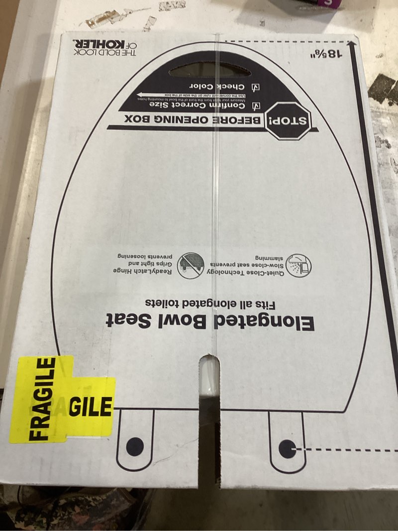 Condition photo showing New/Like New for kohler 4636-rl-0 cachet readylatch elongated slow close toilet seat, soft close toilet seat quiet lid, contoured grip-tight bumpers installation hardware, apartment essentials, white white elongated ready latch