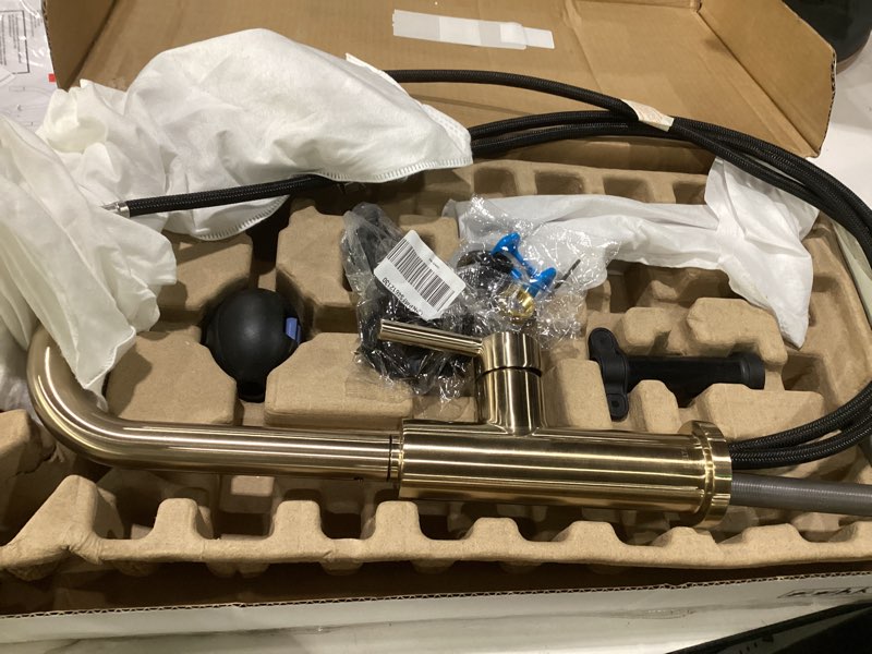 Condition photo showing As Is for delta faucet nicoli u-spout kitchen faucet with pull down sprayer, champagne gold kitchen sink faucet, modern kitchen faucet, single hole kitchen faucet, champagne bronze 19868lf-cz